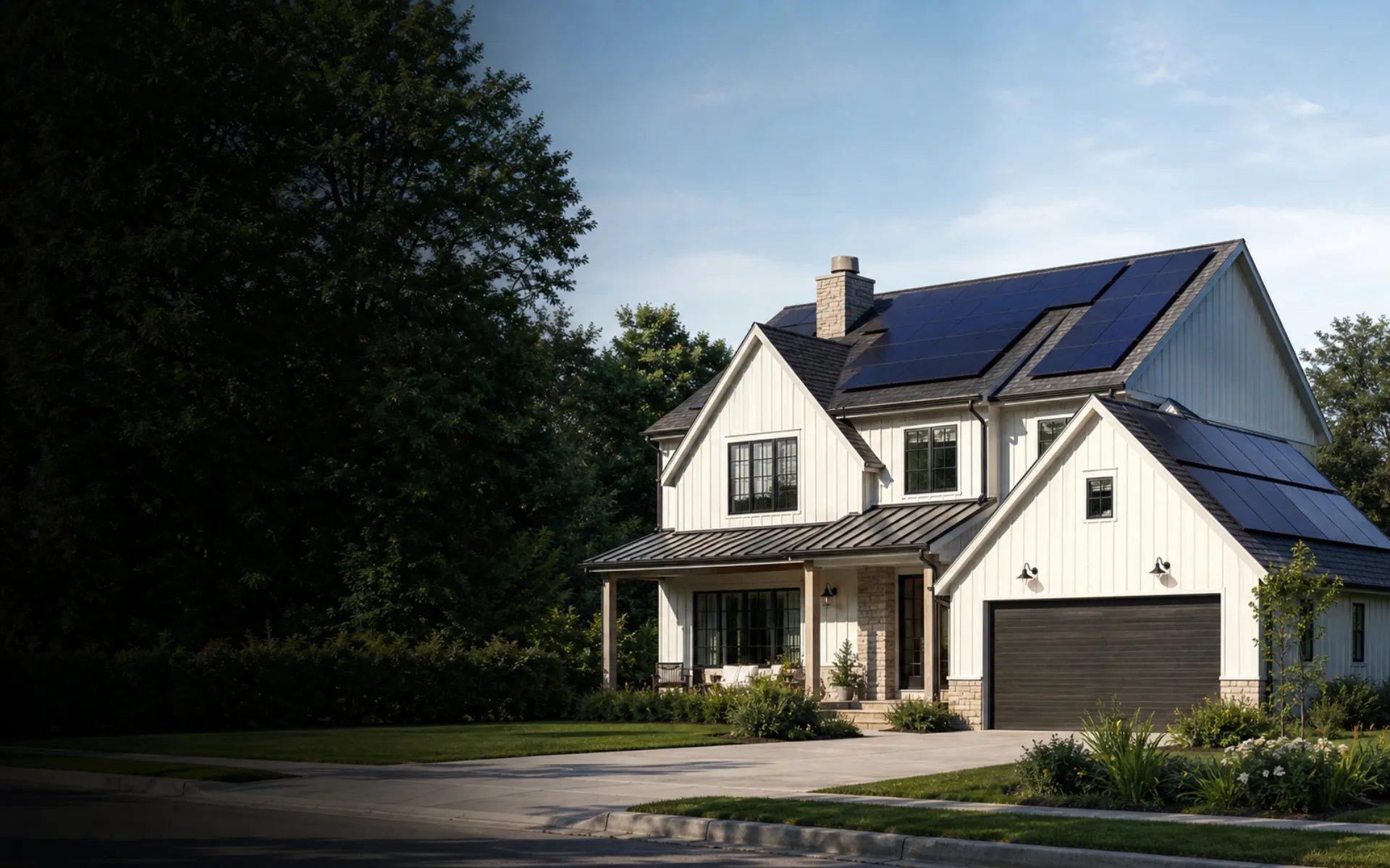Residential home with rooftop solar panels in clear daylight